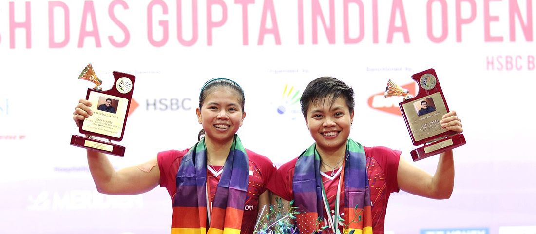 Greysia Polii/Apriyani Rahayu di Podium Juara India Open 2018. (Foto: PBSI)