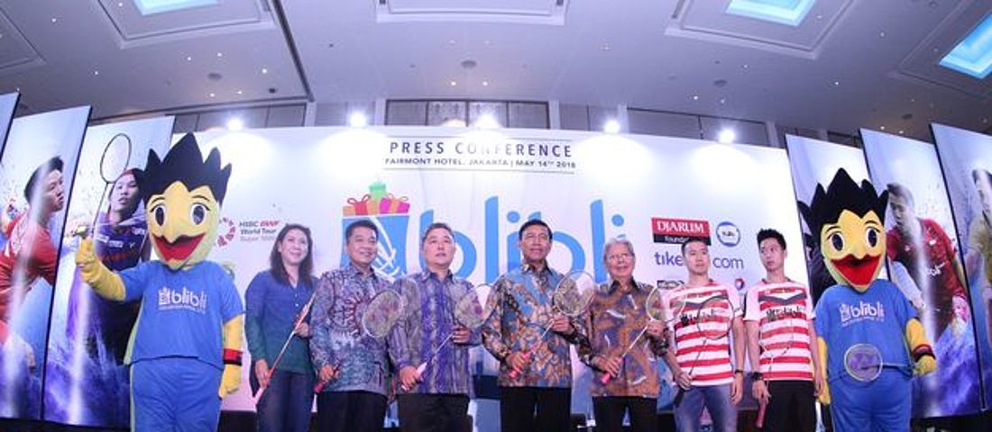 Para Narasumber Yang Hadir Pada Acara Konferensi Pers Blibli Indonesia Open 2018 di Fairmont Hotel, Jakarta